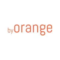 Logo berwarna oranye dengan teks "by orange" menunjukkan identitas merek yang modern. Digunakan untuk branding produk atau layanan terkait.