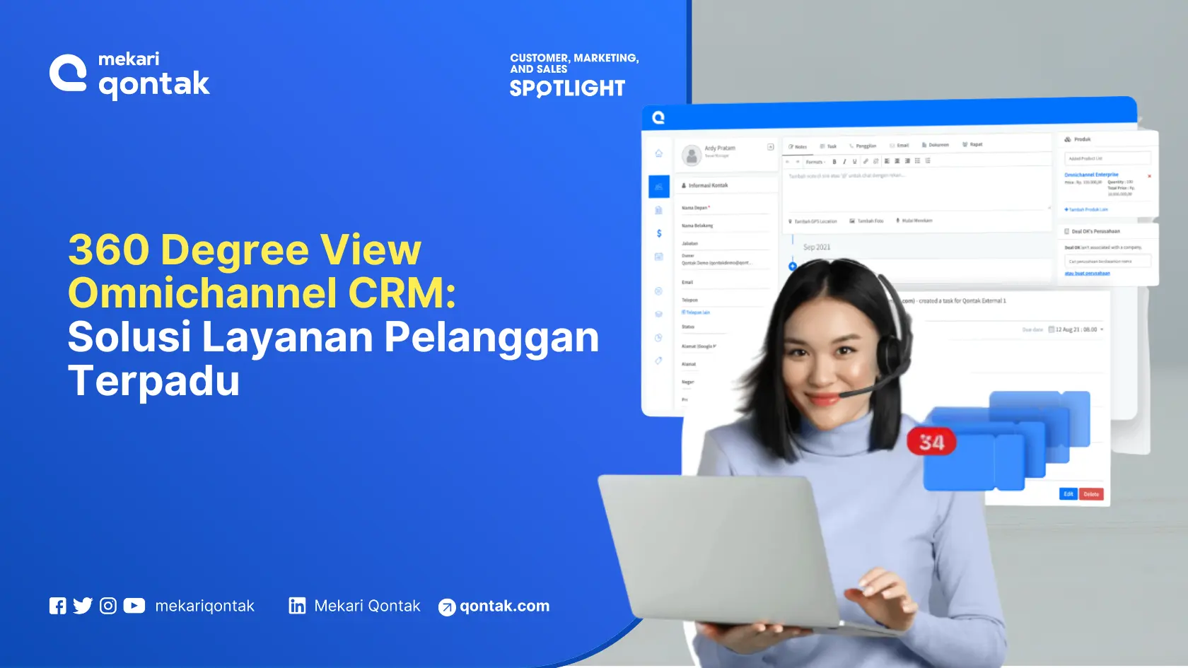 Seorang profesional menggunakan laptop untuk mengakses perangkat lunak CRM di lingkungan modern. Latar belakang menampilkan antarmuka perangkat lunak dan notifikasi.