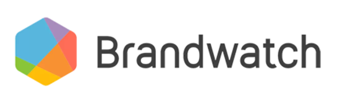 Logo Brandwatch terletak di tengah, dengan warna cerah berbentuk segi enam. Simbol ini menunjukkan fokus pada analisis data dan pengawasan merek dalam konteks digital.