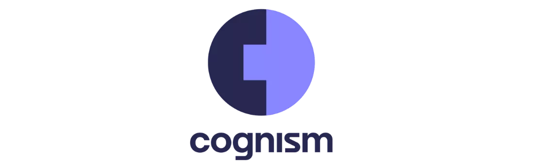 Logo berbentuk oval dengan warna ungu dan biru, menampilkan elemen grafis yang mengintegrasikan teks "cognism," mencerminkan identitas merek di lingkungan digital.