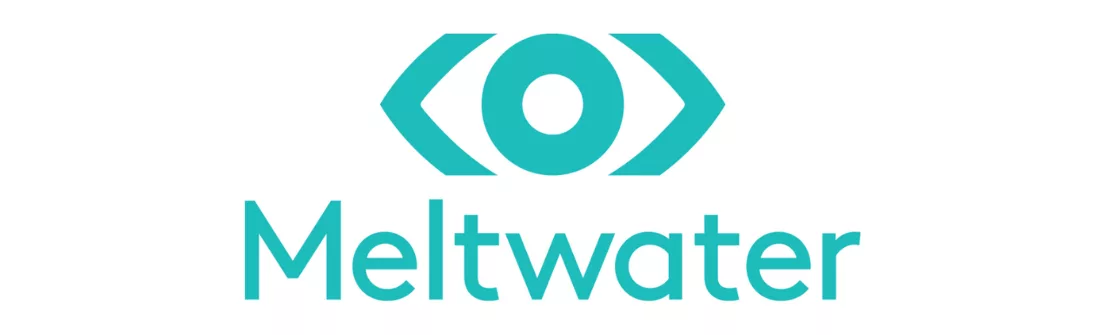 Meltwater, logo berwarna biru kehijauan, menampilkan elemen mata yang mencerminkan fokus pada pemantauan media, relevan untuk strategi bisnis dan komunikasi.