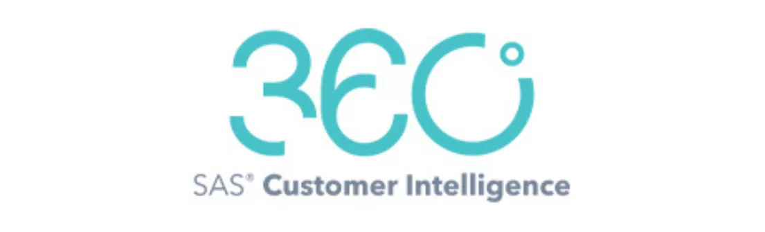 Logo berwarna biru muda menampilkan angka "360" dengan tulisan "SAS Customer Intelligence" di bawahnya, menggambarkan fokus pada analisis pelanggan menyeluruh.