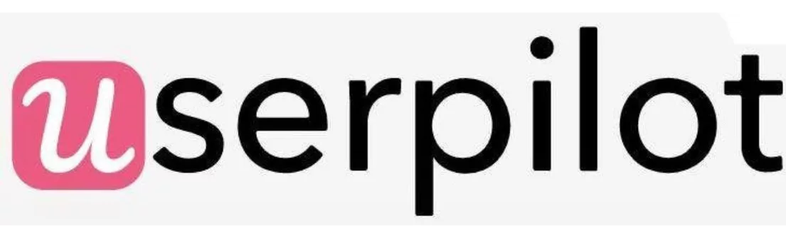 Logo berwarna pink dan hitam mencolok mewakili "userpilot," menekankan identitas merek dalam konteks teknologi dan pengguna.