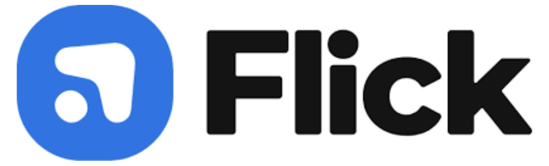 Logo berwarna biru dan hitam dengan teks "Flick" dan simbol di sebelah kiri, mengekspresikan identitas merek dalam dunia digital.