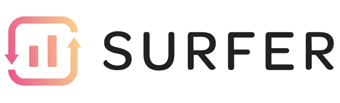 Logo dengan teks "SURFER" yang dikelilingi simbol grafik naik dan turun, mencerminkan analisis atau pengembangan data yang dinamis dalam konteks digital.