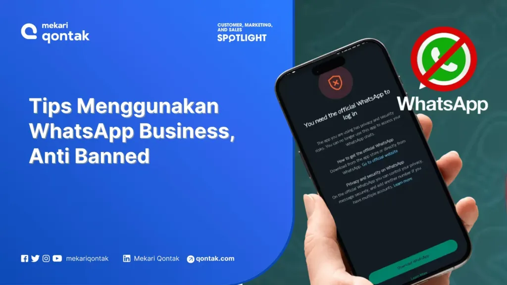 Ilustrasi Cara Menggunakan WhatsApp Business Anti Banned Paling Ampuh Sebuah ponsel menampilkan panduan tentang penggunaan WhatsApp Business untuk mencegah pemblokiran, dalam konteks pemasaran dan penjualan.