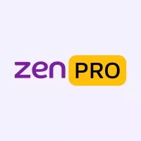 Logo dengan teks "zen" berwarna ungu dan "PRO" berwarna kuning, menciptakan kesan modern dan profesional, digunakan untuk branding atau layanan terkait teknologi.