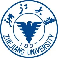 Logo Zhejiang University menampilkan elang yang terbang, simbol kebangkitan dan pengetahuan, dikelilingi teks yang menyatakan nama dan tahun berdiri universitas.