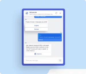 Bot menampilkan pilihan bahasa dalam percakapan, memungkinkan pengguna memilih antara bahasa Inggris atau Bahasa Indonesia untuk memulai interaksi di IKEA.
