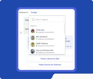 Sebuah antarmuka aplikasi menampilkan daftar agen yang dapat dipilih untuk menangani percakapan, dengan opsi untuk memesan liburan.