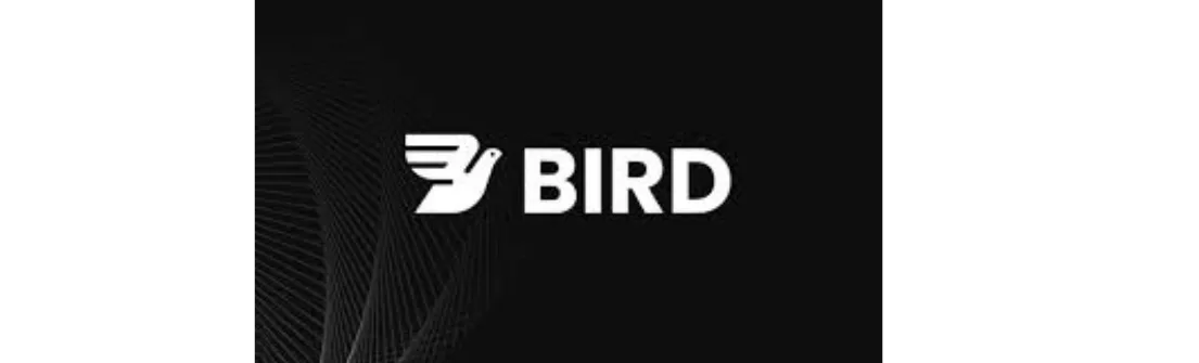 Logo bertuliskan "BIRD" dengan simbol burung, memperlihatkan identitas merek dalam latar belakang gelap, menciptakan kesan modern dan dinamis.