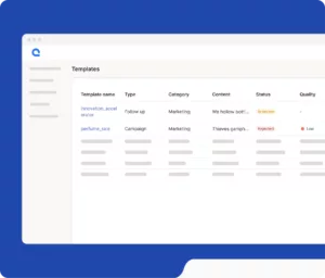 Daftar template marketing ditampilkan di layar komputer, dengan status dan kualitas yang berbeda-beda, menunjukkan proses peninjauan konten.
