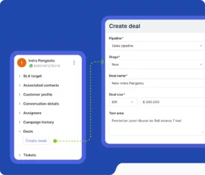 Kartu profil pengguna menunjukkan detail kontak dan informasi terkait, sementara formulir di sebelah kanan digunakan untuk membuat kesepakatan baru.
