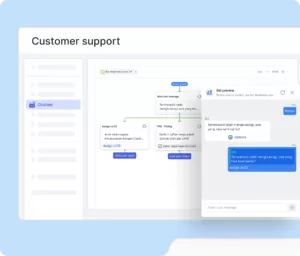 Chatbot menawarkan dukungan pelanggan dengan mengarahkan pertanyaan ke layanan pelanggan atau memberikan informasi harga, dalam antarmuka yang interaktif.