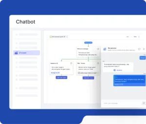Antarmuka chatbot menampilkan alur percakapan dengan opsi menu. Pengguna dapat berinteraksi dan mendapatkan bantuan melalui pesan otomatis yang disediakan.
