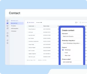 Daftar kontak menampilkan nama dan nomor telepon, dengan opsi untuk menambahkan kontak baru yang terintegrasi dengan WhatsApp di lingkungan aplikasi.