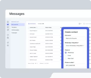 Daftar kontak menampilkan informasi seperti nama, nomor telepon, dan opsi integrasi untuk menambahkan kontak baru dalam platform pesan.