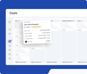 Kartu tugas menampilkan informasi tentang transaksi baru, termasuk tanggal batas, pembaruan terkini, dan status, dalam antarmuka aplikasi manajemen proyek.