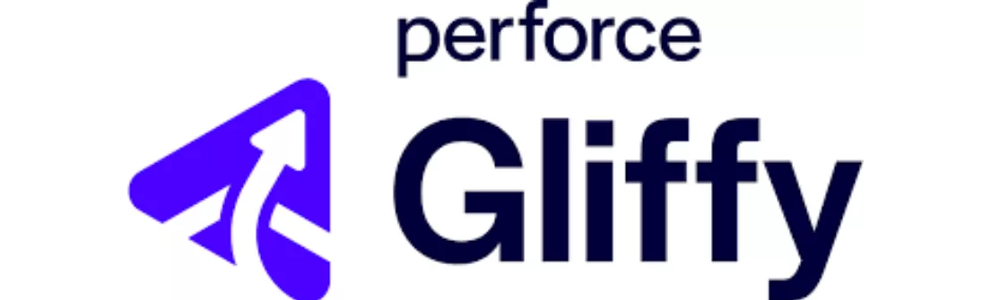 Logo Gliffy menampilkan simbol panah ke atas yang melambangkan kemajuan, dengan nama Gliffy dan Perforce bertuliskan di sebelahnya, mencerminkan kolaborasi dalam alat pemetaan.