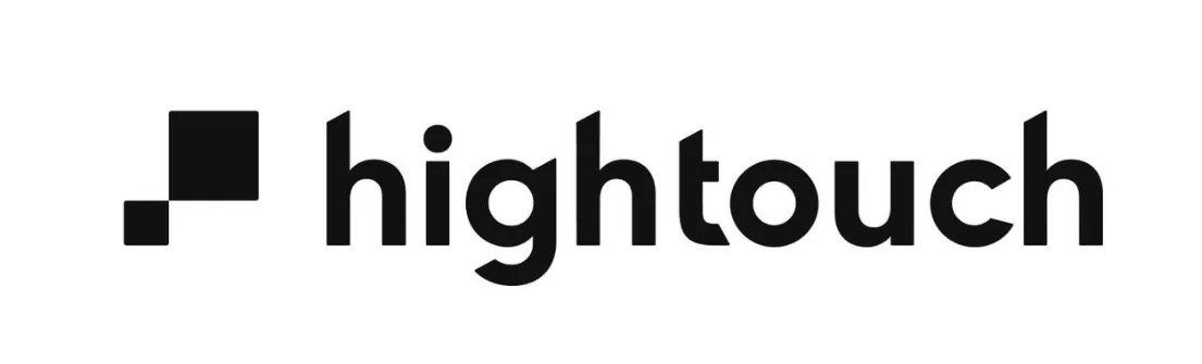 Logo dengan kata "hightouch" menonjolkan desain modern. Teks hitam di latar putih menciptakan kontras jelas, mencerminkan profesionalisme dan inovasi.