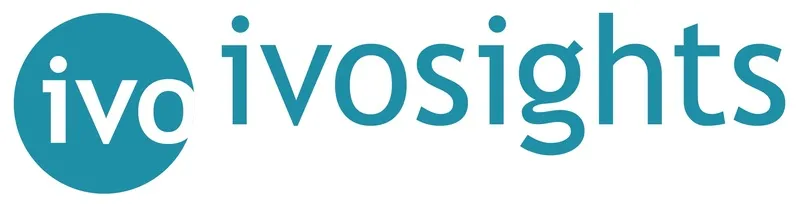Logo berwarna biru menampilkan nama "ivosights" dengan font modern, menciptakan kesan profesional yang mencerminkan layanan analitik dan wawasan.