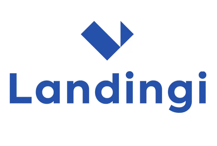 Logo biru bertuliskan "Landingi" dengan desain yang bersih dan modern, menonjolkan elemen visual yang sederhana dan profesional.