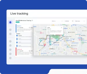 Angka dan peta menampilkan pelacakan waktu nyata kehadiran GPS, menunjukkan lokasi dan riwayat perjalanan pengguna di Jakarta.