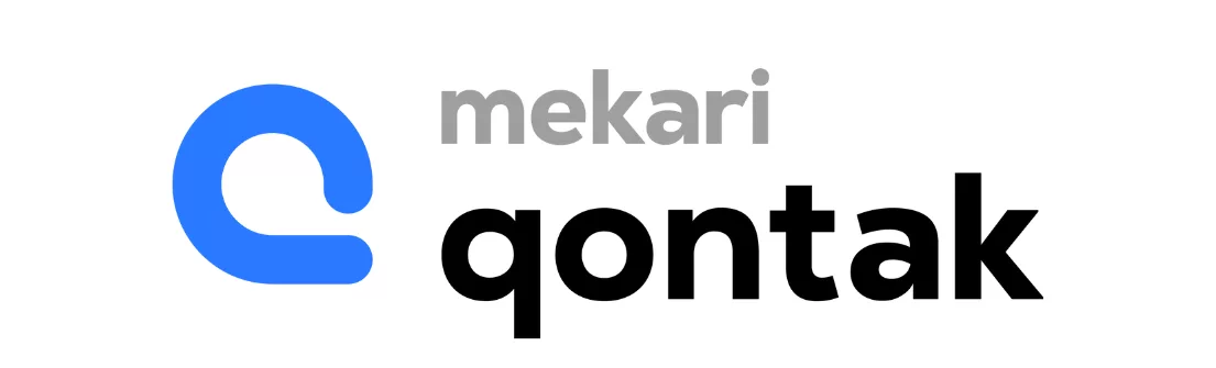 Logo Qontak tampil dengan huruf 'Q' berwarna biru dan tulisan 'qontak' berwarna hitam, mencerminkan brand teknologi komunikasi yang modern.