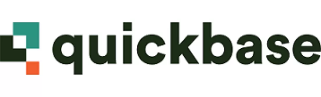 Logo Quickbase diterapkan dengan desain minimalis, menampilkan elemen geometris sederhana dalam warna hijau, merah, dan hitam, menggambarkan solusi manajemen data.
