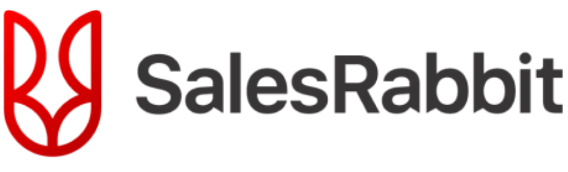 Logo berwarna merah dan hitam dengan teks "SalesRabbit" menonjol, menggambarkan alat untuk manajemen penjualan dalam konteks bisnis.