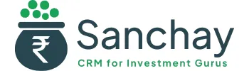 Logo Sanchay menampilkan pot dengan simbol mata uang dan ikon koin hijau, mewakili platform CRM untuk para guru investasi.