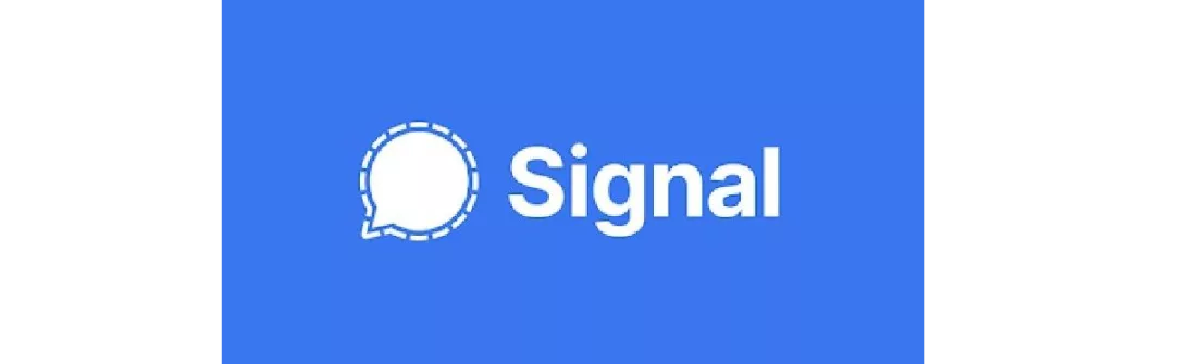 Logo aplikasi Signal terlihat dengan latar belakang biru, menampilkan simbol gelembung percakapan, merujuk pada komunikasi aman dan privasi.