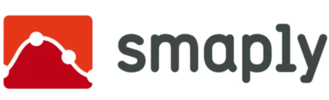 Logo Smapply menampilkan grafik dengan garis yang menunjukkan tren data. Desain sederhana berwarna merah dan abu-abu menciptakan kesan modern dan profesional.
