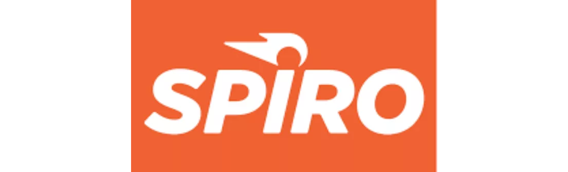 Logo dengan tulisan "SPIRO" berwarna putih, dikelilingi latar belakang oranye. Menciptakan kesan enerjik dan modern, cocok untuk branding.