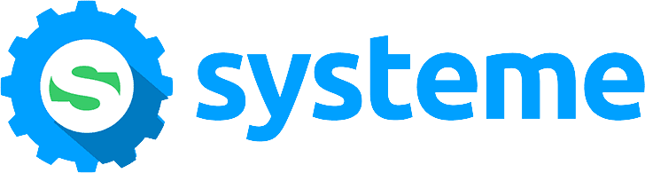 Logo berupa teks "systeme" dengan simbol roda gigi biru. Digunakan dalam konteks teknologi dan manajemen untuk merepresentasikan sistem yang terintegrasi dan efisien.