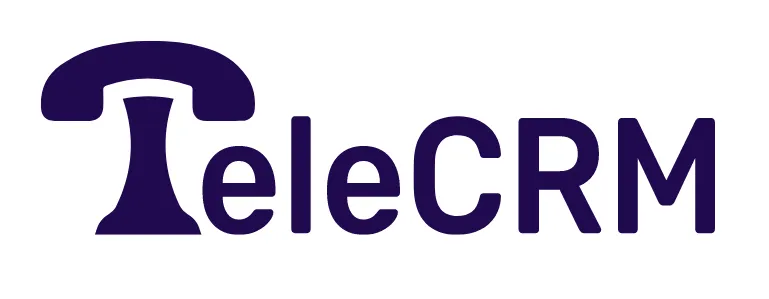Logo TeleCRM dengan desain modern menampilkan elemen telepon, mencerminkan layanan manajemen pelanggan dalam konteks komunikasi yang efisien.