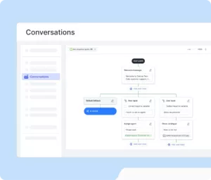 Diagram alur mendemonstrasikan interaksi chatbot, mengarahkan pengguna dari pesan sambutan menuju opsi bantuan, seperti berbicara dengan agen atau melihat daftar harga.