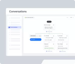 Platform interaksi chatbot menampilkan alur percakapan, mengarahkan pengguna untuk memilih opsi bantuan, seperti meminta agen atau melihat katalog.