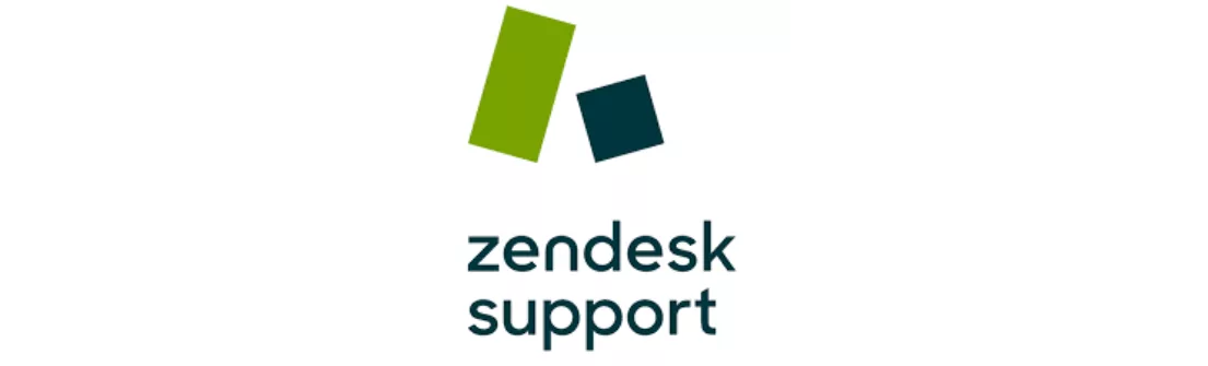 Logo Zendesk menampilkan bentuk geometris sederhana dengan warna hijau dan biru tua, menciptakan identitas visual untuk layanan dukungan pelanggan.