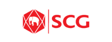 Logo SCG menampilkan gajah sebagai simbol kekuatan, dikelilingi oleh bentuk geometris. Logo ini merepresentasikan perusahaan yang berfokus pada bahan bangunan dan solusi konstruksi di lingkungan yang profesional.