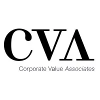 Logo berbentuk huruf "CVA" berwarna hitam, mewakili Corporate Value Associates. Simbol tersebut mencerminkan nilai perusahaan dan profesionalisme.