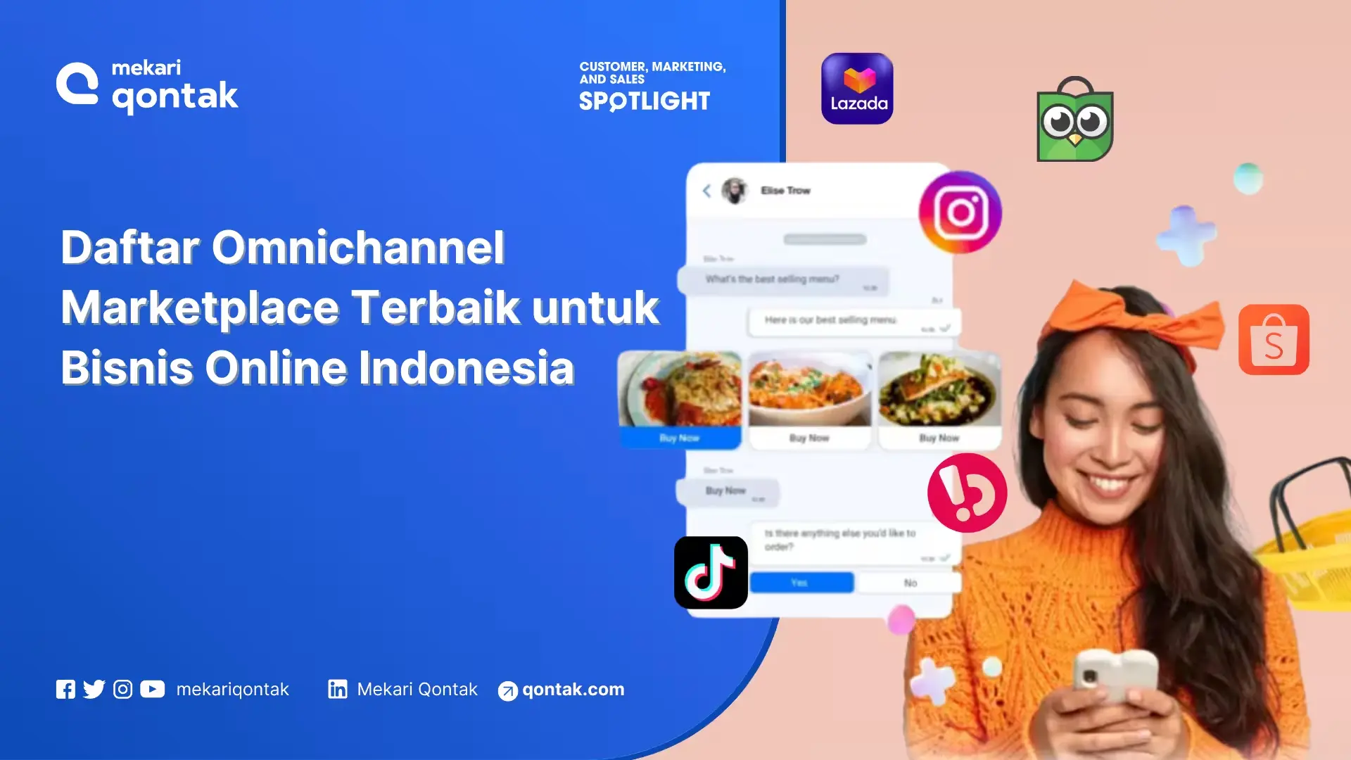 Sebuah daftar platform marketplace untuk bisnis online di Indonesia ditampilkan, dengan elemen desain yang cerah dan informasi interaktif pada layar.