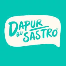Teks berwarna cerah menampilkan nama "Dapur Bu Sastro" dengan desain modern, menggambarkan identitas restoran yang menyajikan masakan Indonesia.