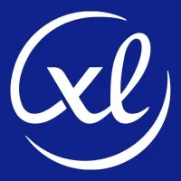 Logo berwarna biru dengan huruf "xl" putih di tengahnya, menonjolkan identitas merek dalam konteks perusahaan atau produk yang dinamis.