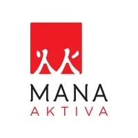 Logo berwarna merah dengan simbol yang menggambarkan gerakan dua orang, menonjolkan nama "MANA AKTIVA" di bawahnya, menciptakan kesan dinamis dalam konteks aktivitas fisik atau komunitas.