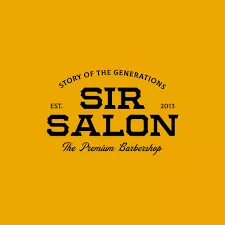 Logo salon menonjolkan nama "SIR SALON" dengan tahun pendirian dan slogan "The Premium Barbershop." Dihiasi latar belakang kuning, menciptakan kesan profesional.