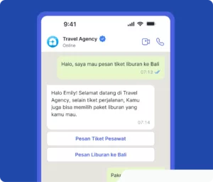 Sebuah aplikasi percakapan menunjukkan interaksi antara agen perjalanan dan pelanggan tentang pemesanan tiket dan paket liburan ke Bali, dengan antarmuka yang ramah.