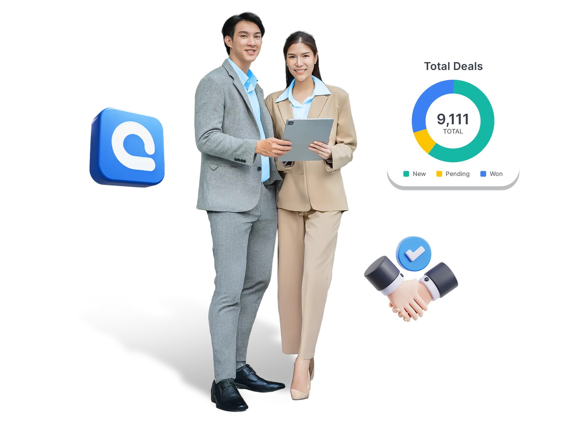 Dua profesional berdiri berdekatan, memegang tablet sambil membahas statistik transaksi, dengan ikon aplikasi dan grafik di latar belakang.