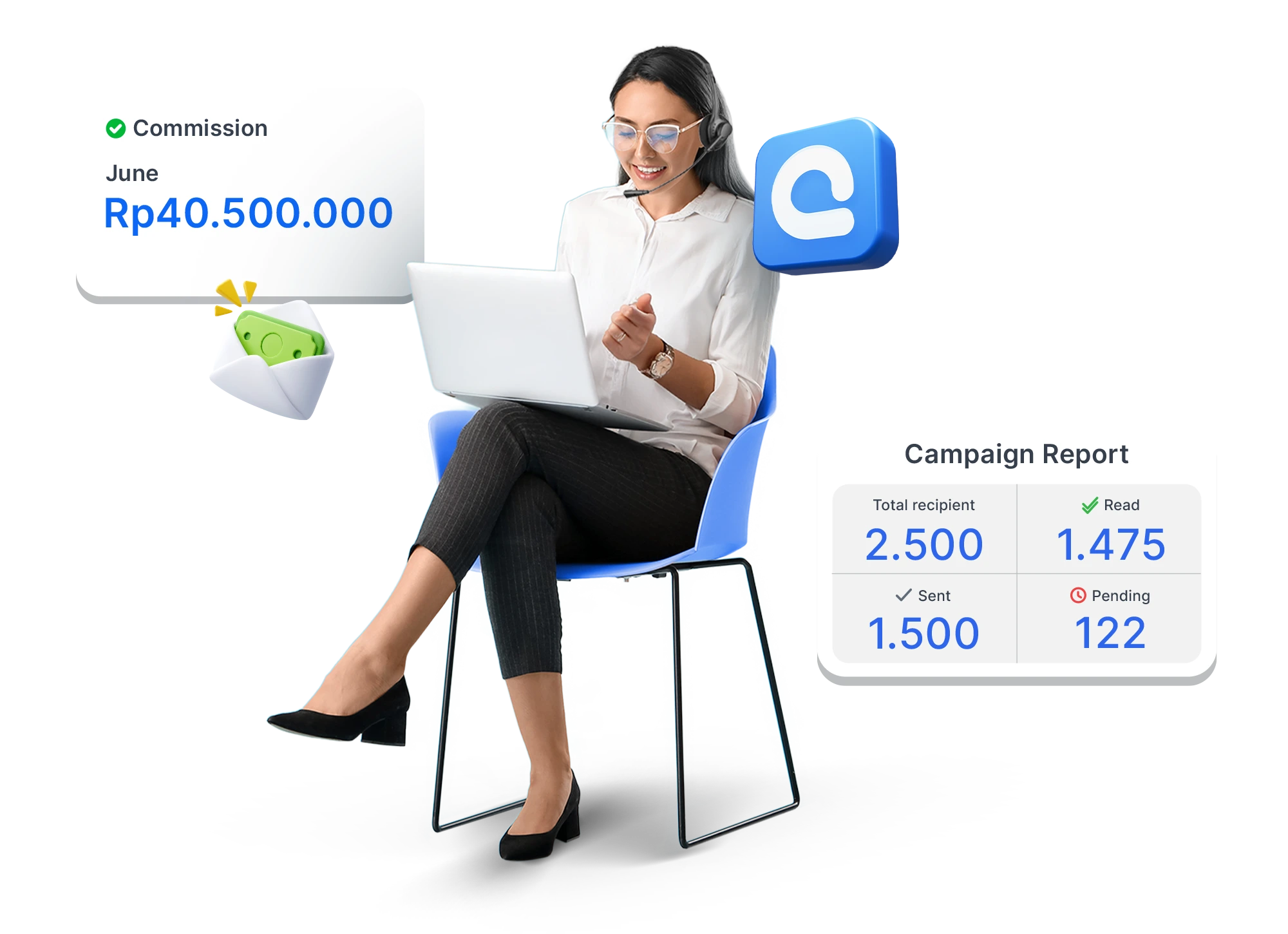 Seorang wanita duduk di kursi, menggunakan laptop sambil melihat laporan kampanye dan komisi bulanan, menampilkan data keuangan dan statistik.