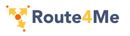 Logo Route4Me menampilkan desain modern dengan simbol arah dan titik pusat, mencerminkan layanan perencanaan rute yang efisien dalam konteks logistik.